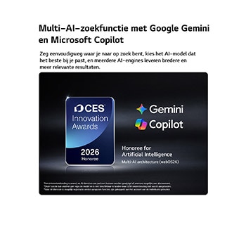 Het CES Innovation Awards Erebadge 2026 in de categorie Kunstmatige Intelligentie erkent Multi-AI zoeken met Google Gemini en Microsoft Copilot.